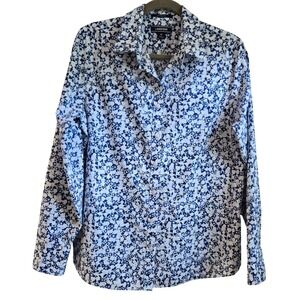 Lands End‎ Womens 12 No Iron Supima Cotton Floral Button Down Shirt Blue White